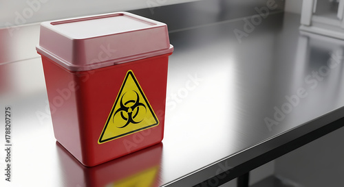 Red Biohazard Sharps Disposal Container with Biohazard Symbol
