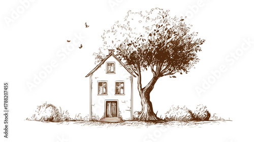 Beautiful Vector Drawing of House with Tree, Perfect for Architectural Designs and Nature Themes