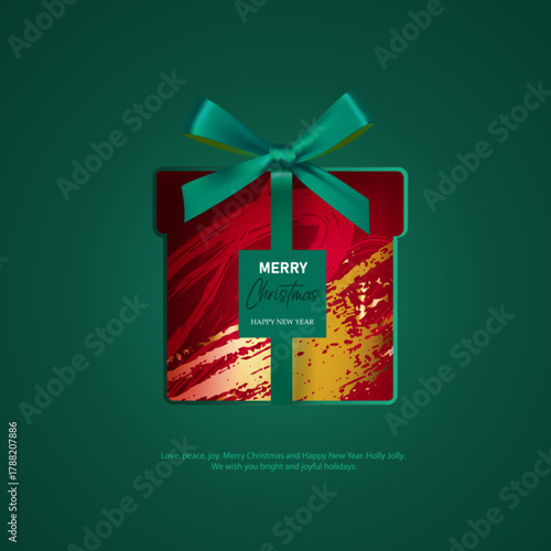 Christmas and New Year s card with a bright paper cutout gift box. Paint strokes. Template for postcards, posters, and advertising banners. Vector illustration.