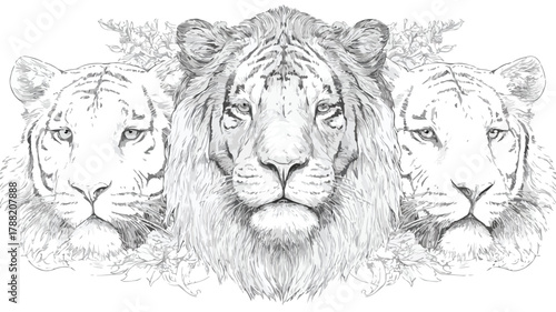 Majestic Lion Drawing with Two Lions and Tiger in Front