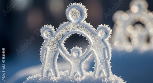Hoarfrost-covered family symbol in a winter setting for concepts of security, community, and social welfare presentations, blogs, and greeting cards