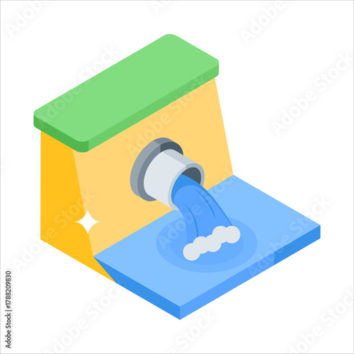 Isometric icon of polluted water leaking from industrial pipe into environment.