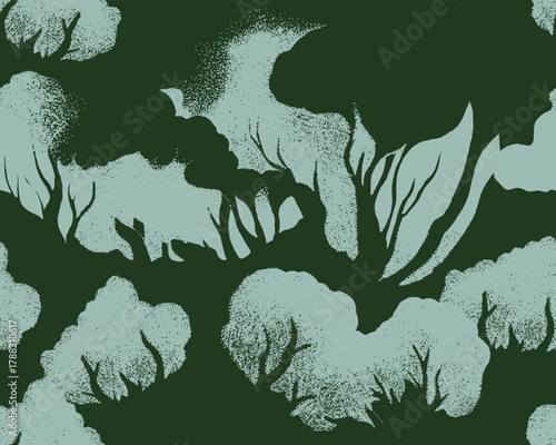 Seamless forest pattern featuring light green and gray tree silhouettes with heavy stipple texture on a dark green background. Hand-drawn moody brushwork, textural, and stylized nature background.