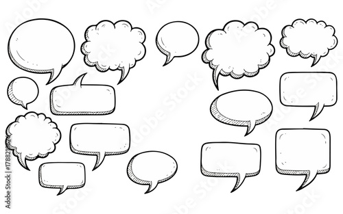 Hand Drawn Speech Bubbles Collection, Comic Style, Isolated on White Background