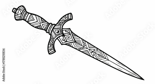 Black work tattoo vector illustration showing a detailed medieval dagger drawn in traditional hand-engraving style, isolated on a clean white background for high contrast.