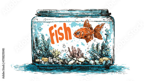 Fish Tank with a Fish and Fish Word Vector Illustration