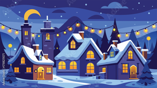 A festive Christmas village scene featuring snow-covered houses, twinkling lights, and a decorated tree in the background..eps
