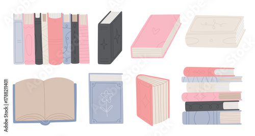 Cute books collection. Illustrations in flat style. Stack of books. Book covers. Vector design elements set isolated on white background.