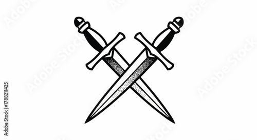 Black work tattoo style vector illustration featuring two menacing crossed daggers with intricate detailing, symbolizing conflict and rebellion, dramatically isolated on a pure white background.