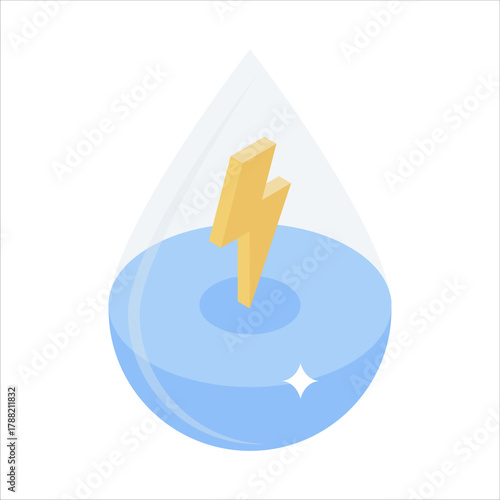 An isometric illustration of a water droplet with lightning bolt