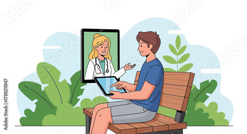 Man consulting with doctor through telehealth service on tablet for wellness and healthcare during