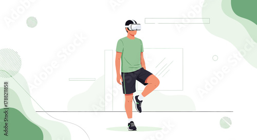 Man exercising in virtual reality on abstract geometric background illustration