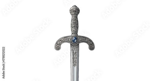 Ornate sword with detailed handle engraving is presented as a flat 2D vector illustration, isolated on a clean white background, conveying themes of medieval history and fantasy adventure.
