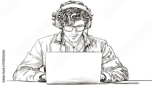 Man Sitting on Laptop with Headphones on Head