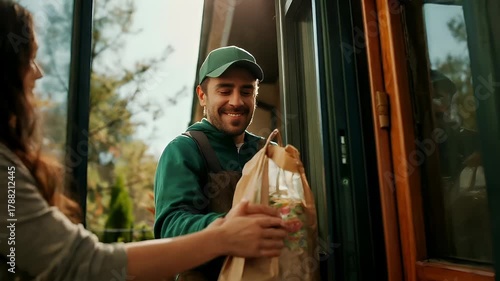 A man in a green jacket and green cap is opening a window, holding a brown paper bag. He is wearing a green shirt and brown suspenders.