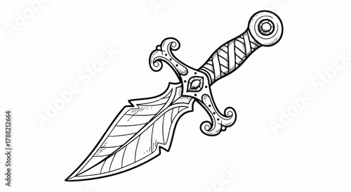 Highly detailed flat 2D vector illustration depicting an antique short blade weapon, resembling an ancient combat dagger sketch rendered purely in black ink on a solid white surface.