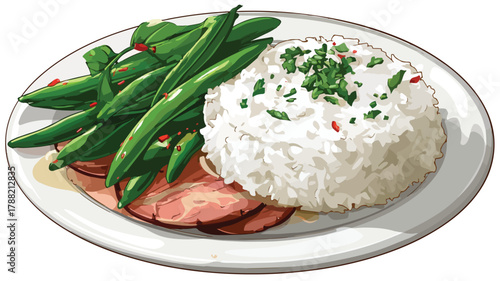 Delicious Plate of Rice, Beans, and Green Beans Vector Illustration