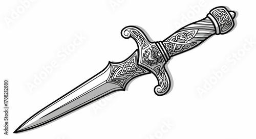 Medieval dagger vector illustration, featuring a sharp blade and an ornate engraved handle, isolated on a clean white background, rendered in a striking tattoo style.