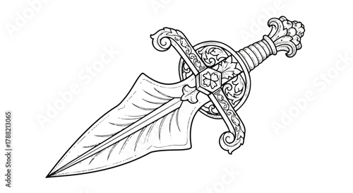Detailed vector illustration showing a historic antique short sword, rendered in a traditional etching style, isolated against a clean white background.
