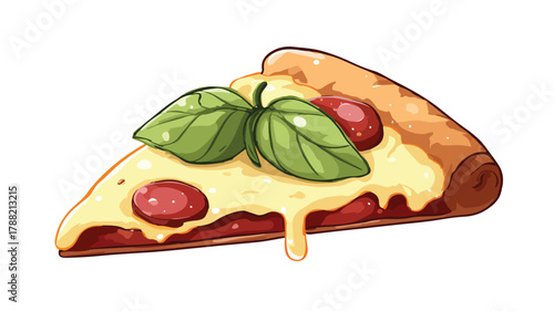 Delicious Pizza Slice Vector with Leaf Outline Isolated on White Background