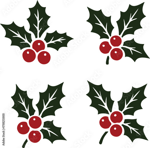 Holly berry icons set, Chritmas logo wirh holly berries vector