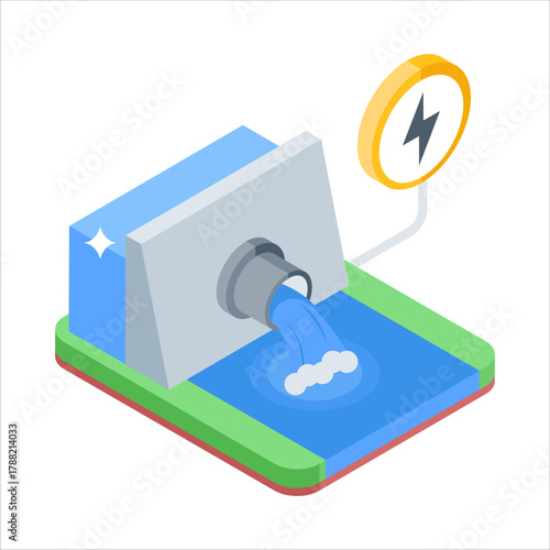 Water turbine generating hydroelectric power from flowing water energy.