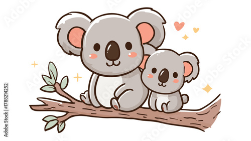 Cute Kawaii Cartoon Koala Mother and Baby Characters Illustration