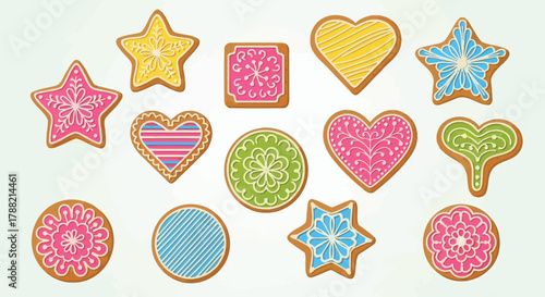A collection of colorful and decorative iced gingerbread cookies in various shapes and patterns