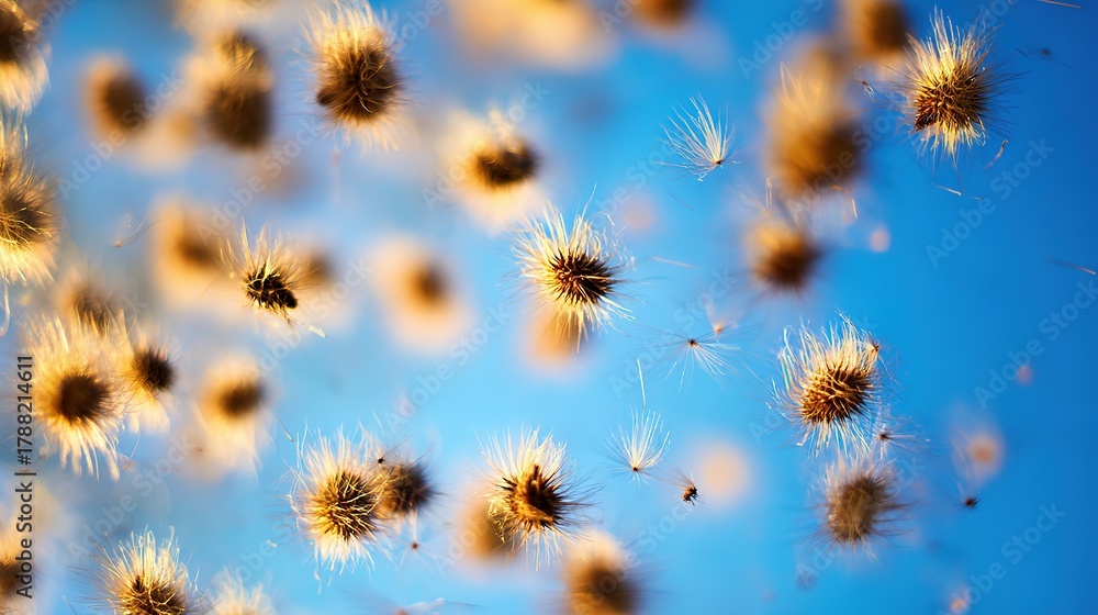 Obraz premium Fluffy seed pods floating in the air, backlit by sunlight, against a vibrant blue sky, close-up perspective, copy space.