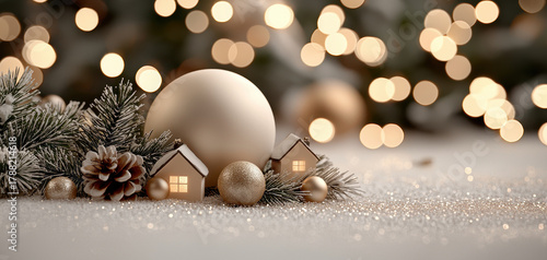 Golden bokeh winter snow cozy cottage pine branch warm light festive ornament glitter sparkle holiday decor soft focus serene night. Golden bokeh winter snow cozy cottage pine branch warm light