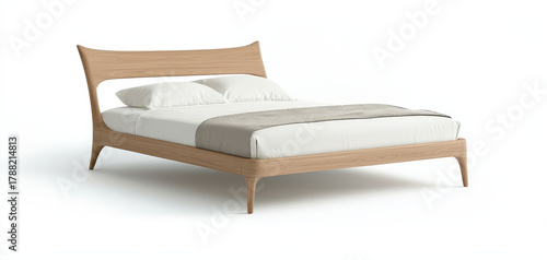 Modern wooden bed minimalist bed Scandinavian design light wood natural finish contemporary bedroom mid century style clean lines cozy elegant comfort