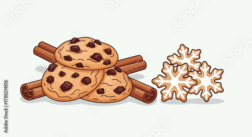 A delightful illustration of chocolate chip cookies with cinnamon sticks and festive snowflake cookies