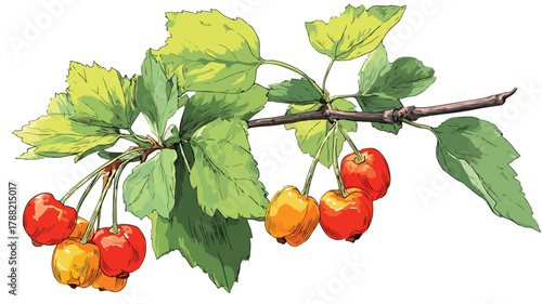 Vibrant Berry Twig and Branch with Hanging Berries Vector Illustration