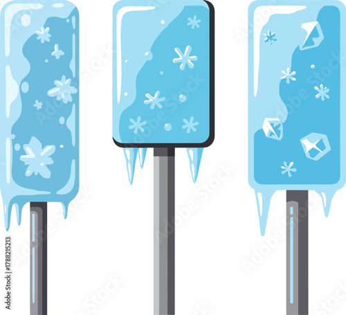 Ice-covered road signs with snowflakes in winter season  