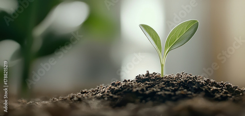 Young sprout green leaf seedling fresh soil soft light growth nature agriculture garden morning dew hope eco spring macro closeup organic farm earth life new beginning seed shoot plant flora