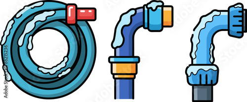 Frozen water hoses and pipes with ice on blue background  