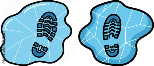 Footprints on icy puddles with cracked ice design  