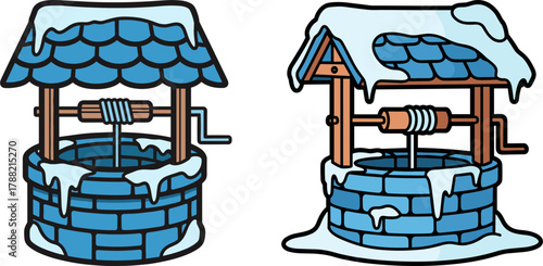 Two cartoon wells covered with snow in winter landscape  