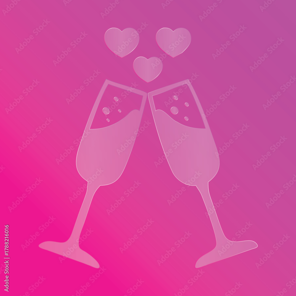 Fototapeta premium Champagne Glasses Toasting with Hearts Bubbles Valentines glass morphism celebration