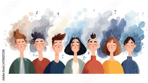 Dreaming People Characters with Heads in Clouds Vector Illustration