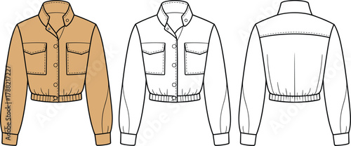 Cropped jacket fashion sketch, button-down front, chest flap pockets, elastic waistband, stand collar, long sleeves, technical drawing, garment illustration