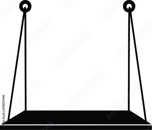 Simple black silhouette of a hanging shelf suspended by ropes