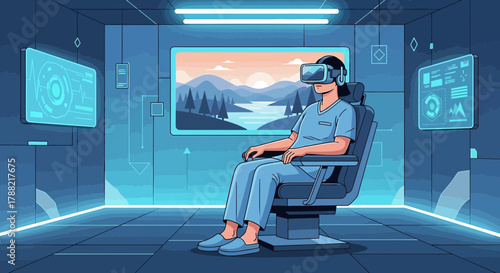 Person experiencing virtual reality in a futuristic setting with advanced technology displays