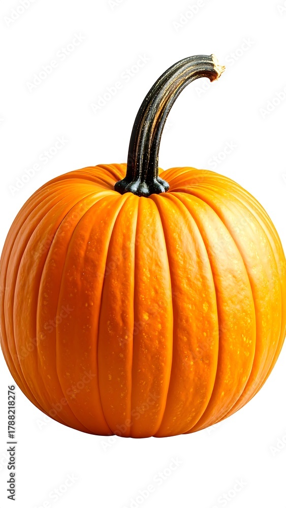 Obraz premium A bright, orange pumpkin stands upright with a slightly curved, dark stem on a crisp, isolated, white backdrop