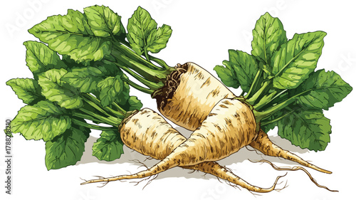 Freshly Harvested Parsnip with Roots and Lush Top Leaves Vector Illustration