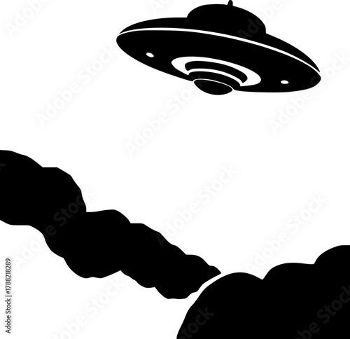 Retro UFO flying silhouette design for vintage sci fi graphic art