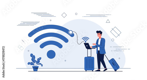 Remote work and digital nomad lifestyle concept man using laptop with wifi signal illustration for