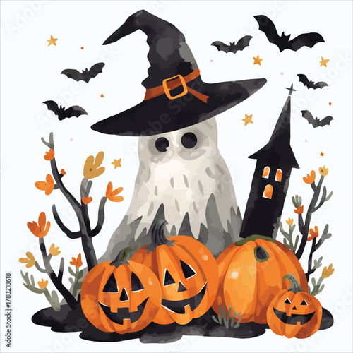 Spooky halloween ghost with pumpkins and bats isolated on white background