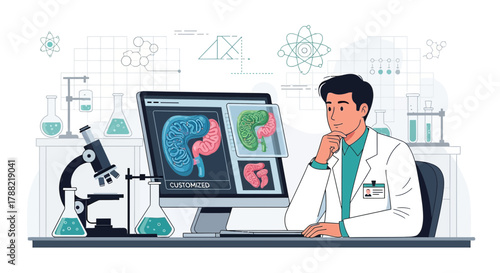 Scientist analyzing kidney scans on a computer in a laboratory environment displaying medical