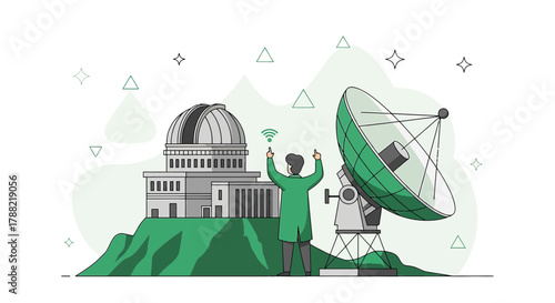 Scientist at an observatory using wireless technology for astronomical research exploration